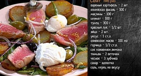 Рецепт салата Нисуаз с красным луком, яйцом пашот и тунцом
